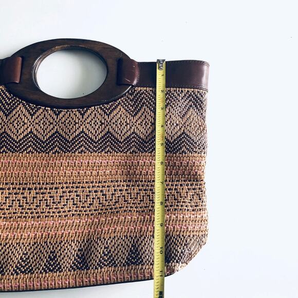 Fossil Wooden Handle VTG Woven Boho Satchel Purse Brown Art Deco - Picture 2 of 9